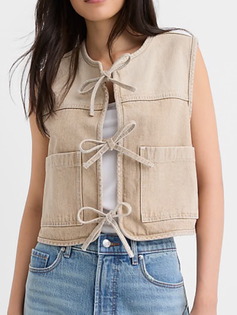 Loft | Tie Denim Cropped Vest in Washed Neutral | Small New with Tag